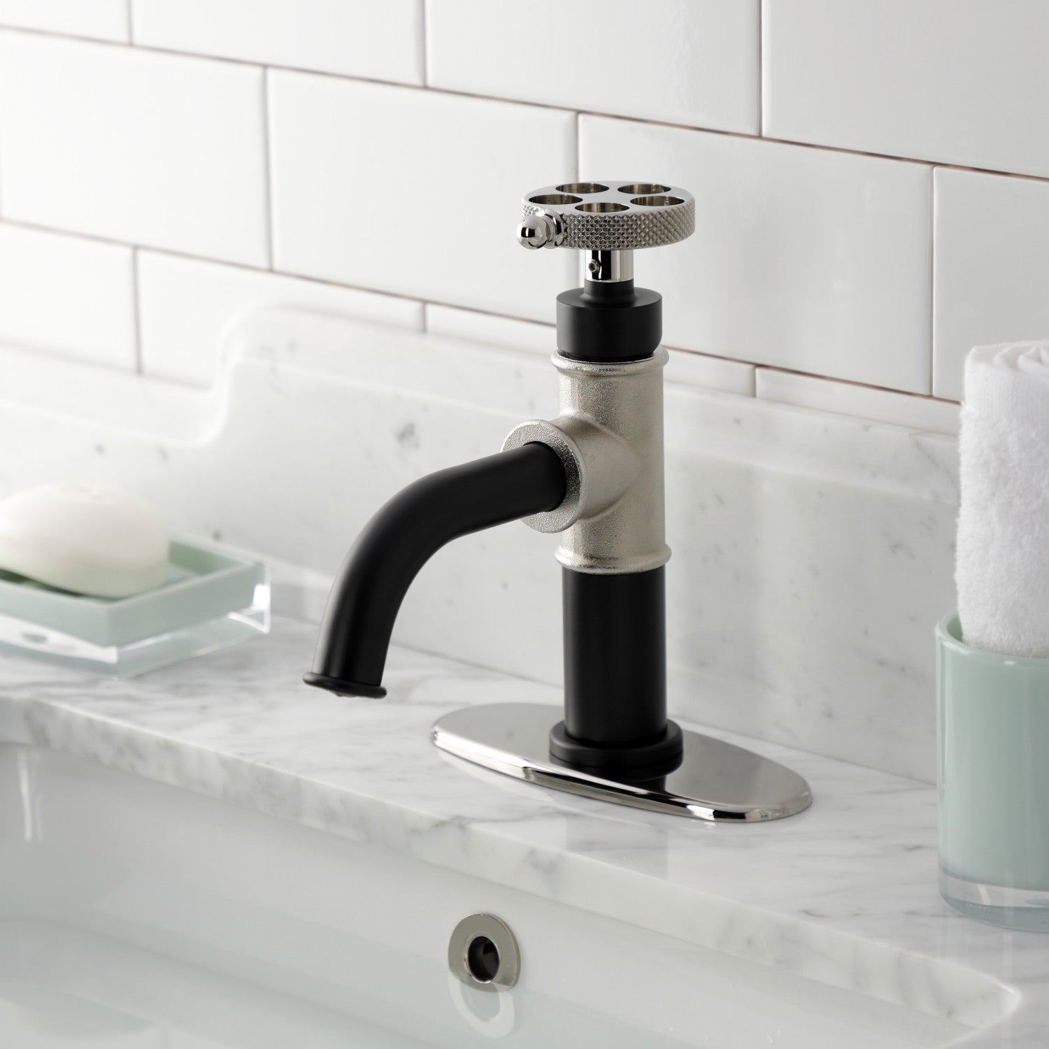 Kingston Sona KSD2826RKX - Webb One-Handle 1-Hole Bathroom Faucet with Knurled Handle, Deck Plate, and Push Pop-Up Drain, Matte Black/Polished Nickel — thumbnail 2
